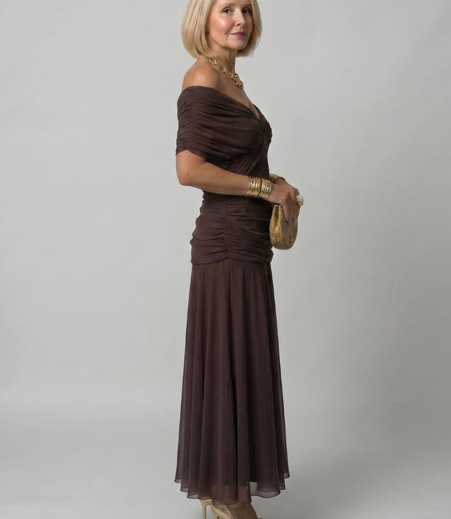 Women's Midi Party Dress in Floral with Off-Shoulder Neckline