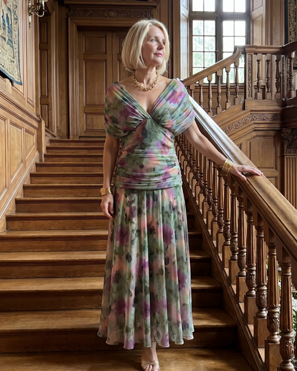 Women's Midi Party Dress in Floral with Off-Shoulder Neckline