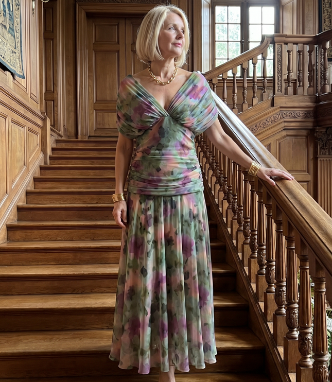 Women's Midi Party Dress in Floral with Off-Shoulder Neckline