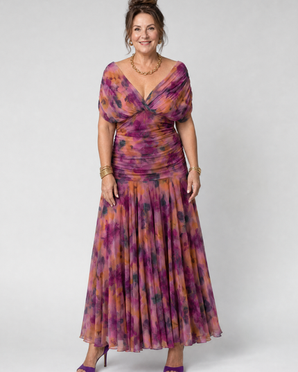 Women's Midi Party Dress in Floral with Off-Shoulder Neckline