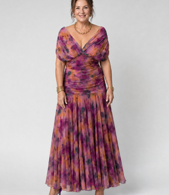 Women's Midi Party Dress in Floral with Off-Shoulder Neckline