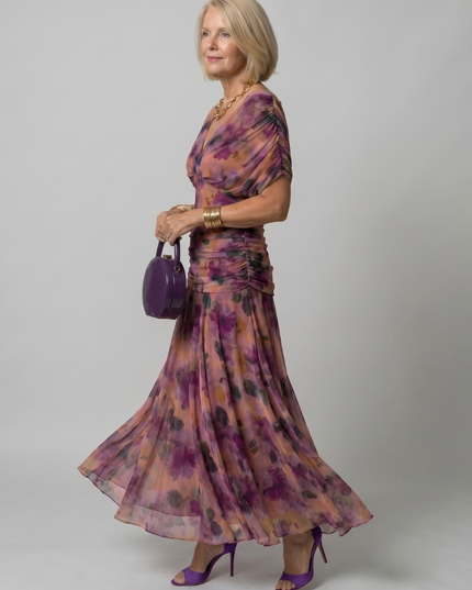 Women's Midi Party Dress in Floral with Off-Shoulder Neckline