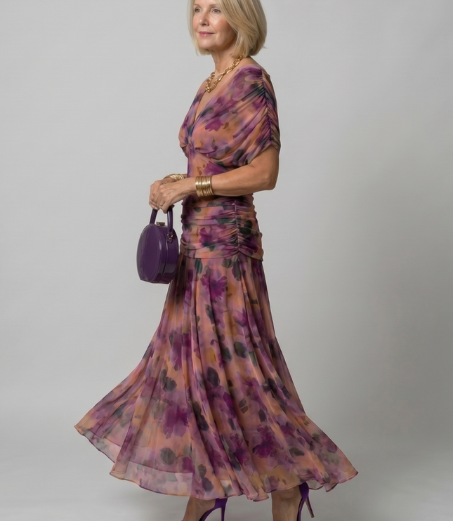 Women's Midi Party Dress in Floral with Off-Shoulder Neckline