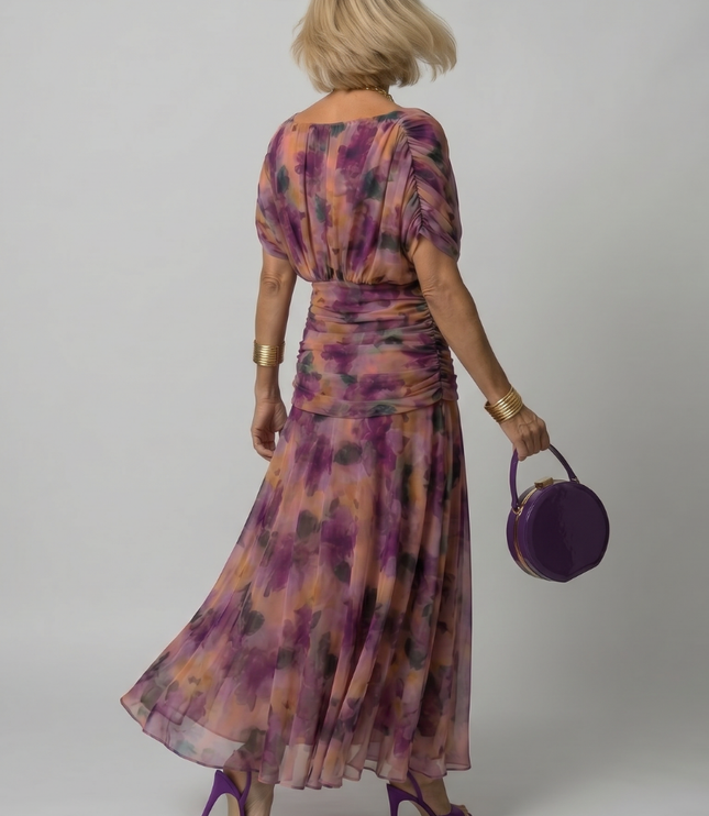 Women's Midi Party Dress in Floral with Off-Shoulder Neckline