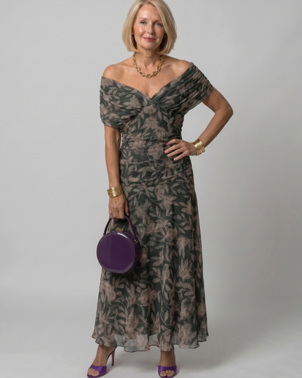 Women's Midi Party Dress in Floral with Off-Shoulder Neckline