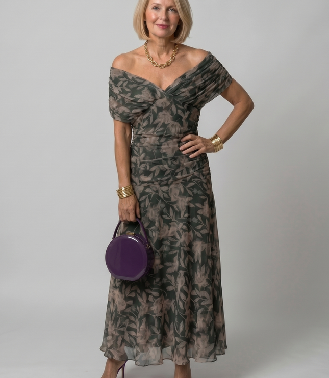 Women's Midi Party Dress in Floral with Off-Shoulder Neckline