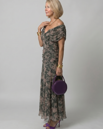 Women's Midi Party Dress in Floral with Off-Shoulder Neckline
