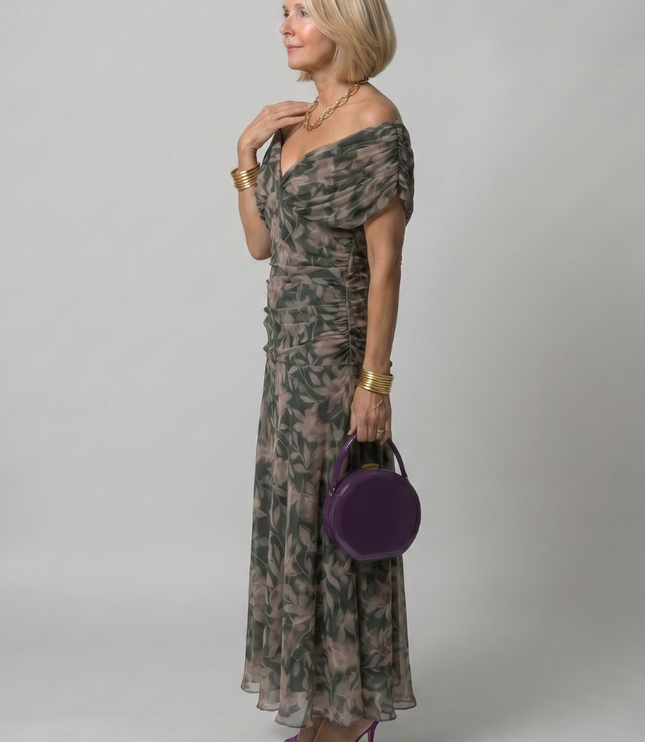 Women's Midi Party Dress in Floral with Off-Shoulder Neckline