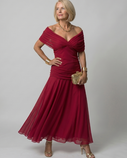 Women's Midi Party Dress in Floral with Off-Shoulder Neckline
