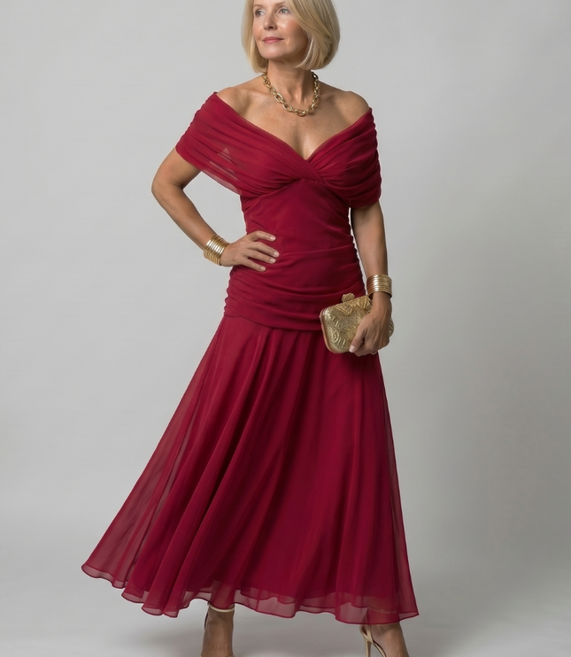 Women's Midi Party Dress in Floral with Off-Shoulder Neckline