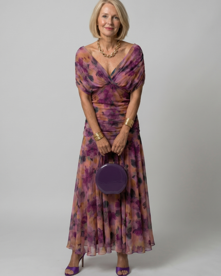 Women's Midi Party Dress in Floral with Off-Shoulder Neckline