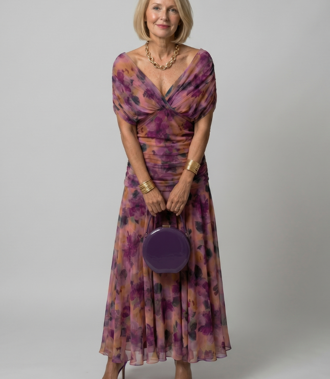 Women's Midi Party Dress in Floral with Off-Shoulder Neckline