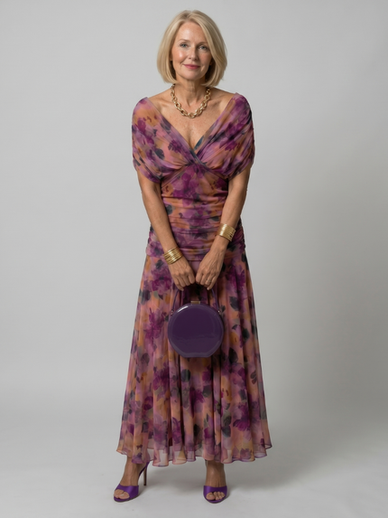Women's Midi Party Dress in Floral with Off-Shoulder Neckline