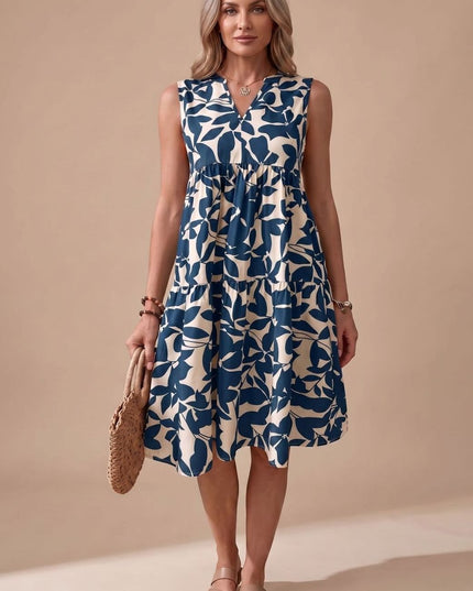 Women's Midi Sundress with Tiered A-Line Skirt and V Neck