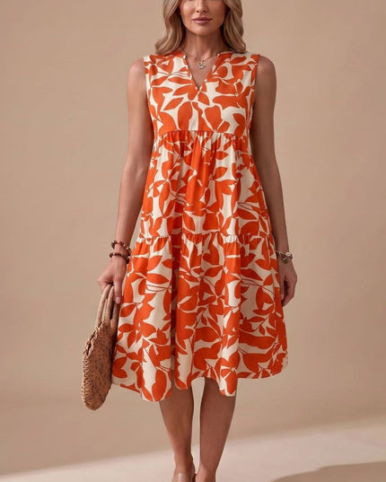 Women's Midi Sundress with Tiered A-Line Skirt and V Neck