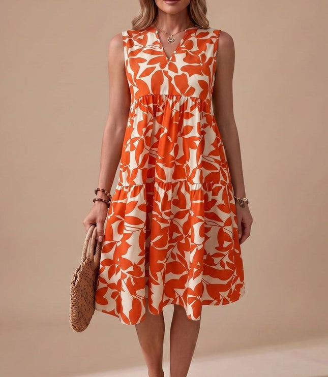 Women's Midi Sundress with Tiered A-Line Skirt and V Neck