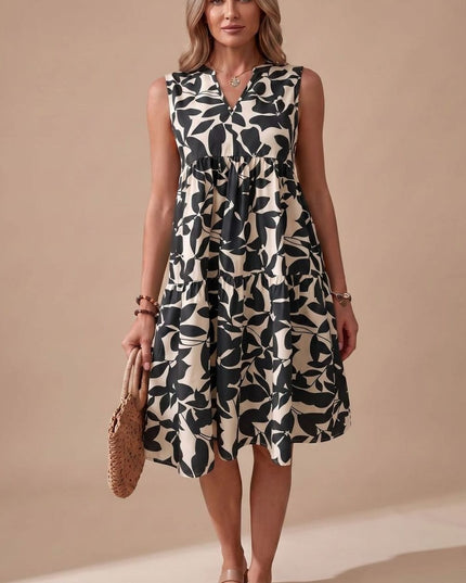 Women's Midi Sundress with Tiered A-Line Skirt and V Neck