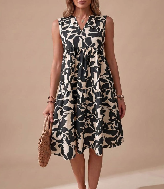Women's Midi Sundress with Tiered A-Line Skirt and V Neck
