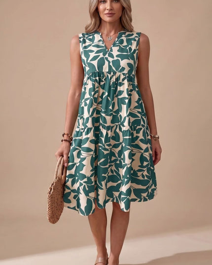Women's Midi Sundress with Tiered A-Line Skirt and V Neck