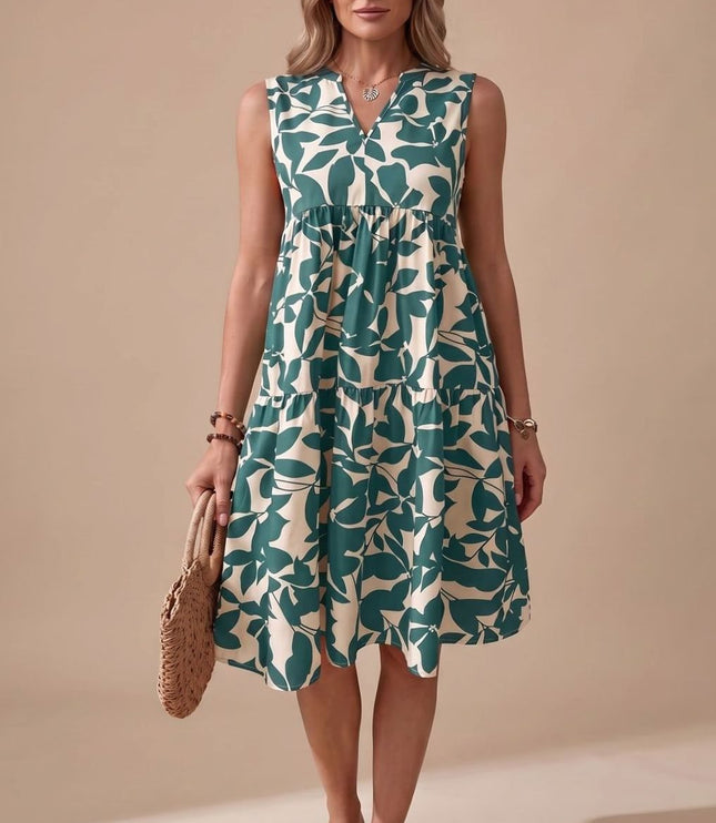 Women's Midi Sundress with Tiered A-Line Skirt and V Neck
