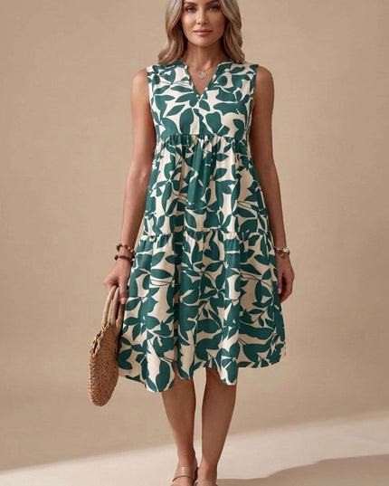 Women's Midi Sundress with Tiered A-Line Skirt and V Neck