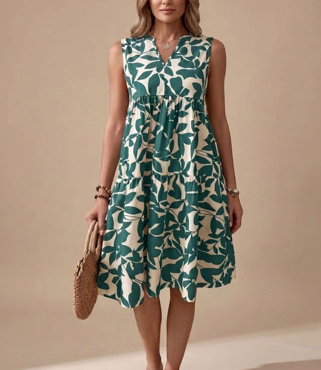 Women's Midi Sundress with Tiered A-Line Skirt and V Neck