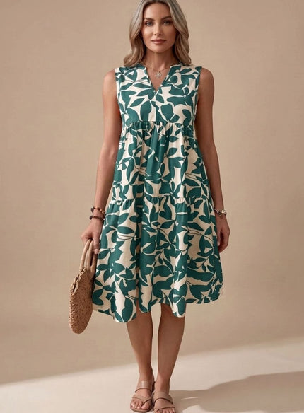Women's Midi Sundress with Tiered A-Line Skirt and V Neck