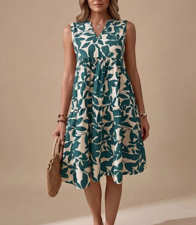 Women's Midi Sundress with Tiered A-Line Skirt and V Neck