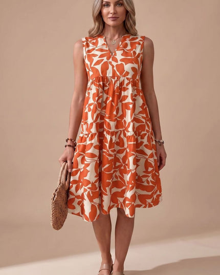 Women's Midi Sundress with Tiered A-Line Skirt and V Neck