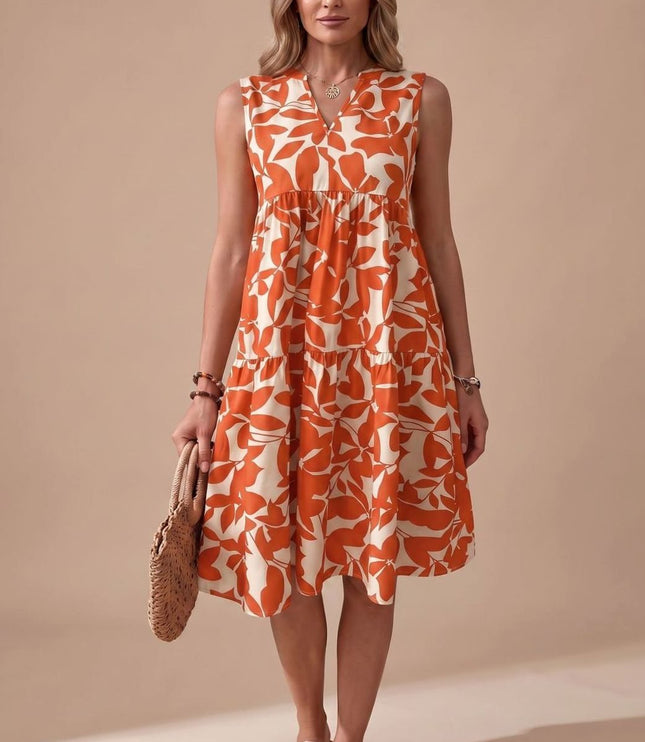 Women's Midi Sundress with Tiered A-Line Skirt and V Neck