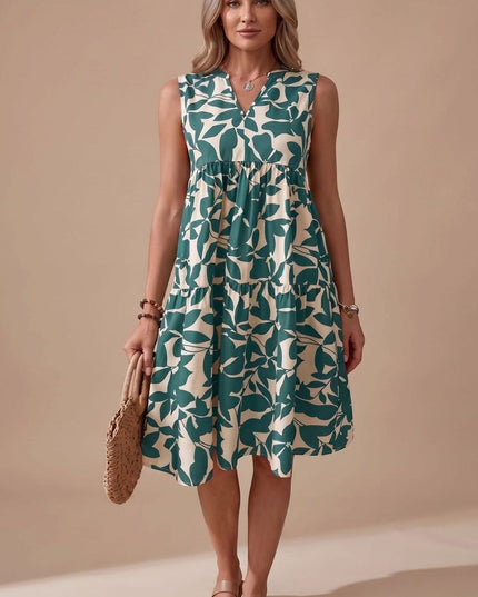 Women's Midi Sundress with Tiered A-Line Skirt and V Neck