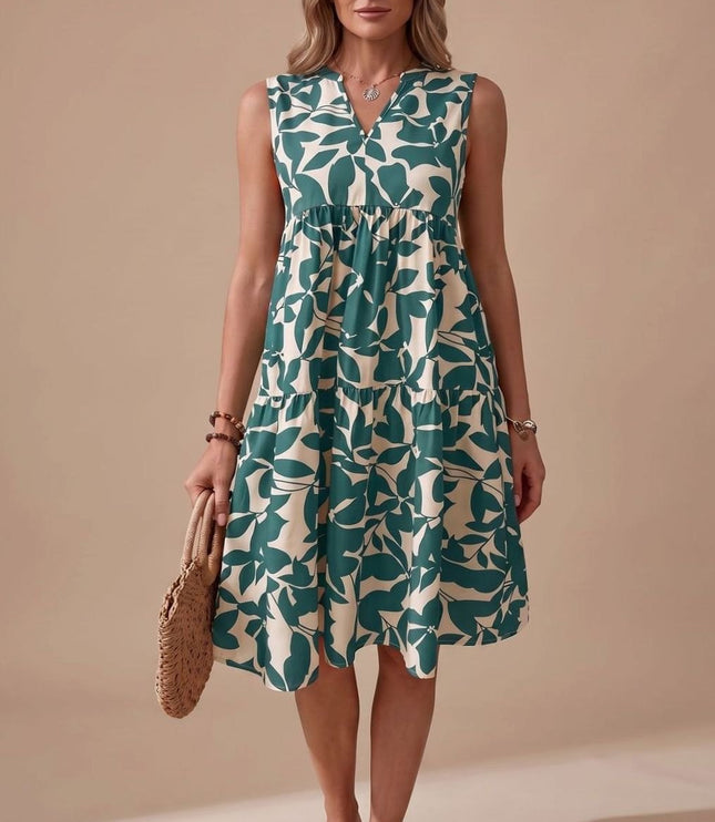 Women's Midi Sundress with Tiered A-Line Skirt and V Neck