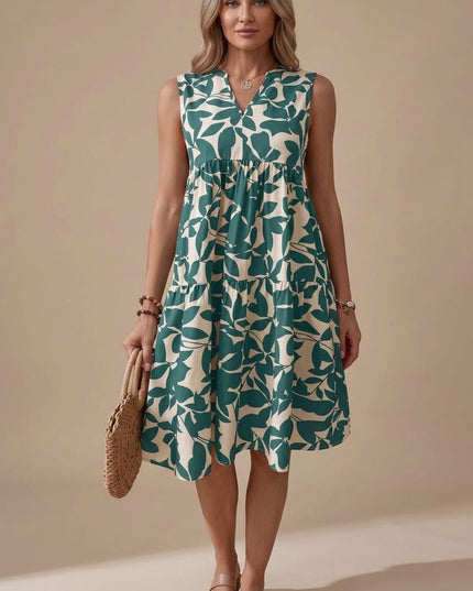 Women's Midi Sundress with Tiered A-Line Skirt and V Neck