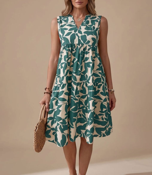Women's Midi Sundress with Tiered A-Line Skirt and V Neck