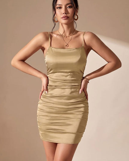Women's Mini Cocktail Dress with Ruched Waist and Open Back