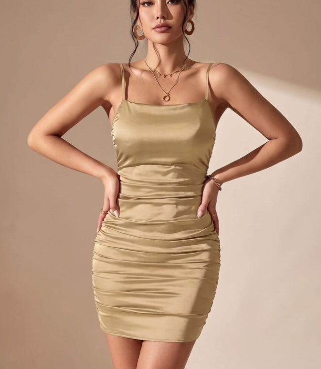 Women's Mini Cocktail Dress with Ruched Waist and Open Back