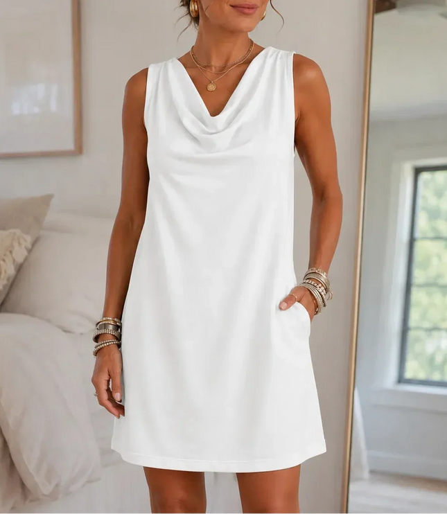Women's Mini Summer Dress with Cowl Neck and Pockets