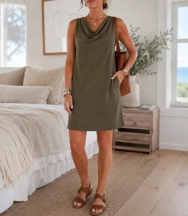 Women's Mini Summer Dress with Cowl Neck and Pockets