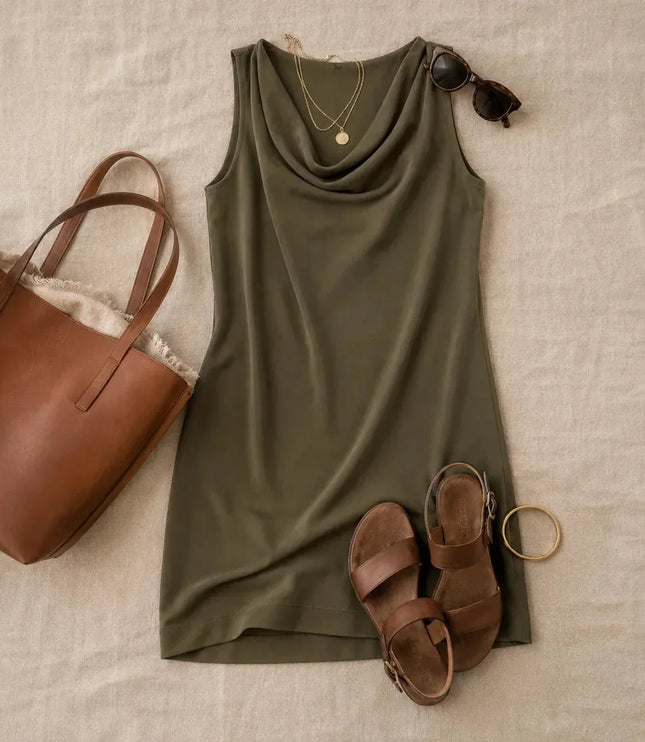 Women's Mini Summer Dress with Cowl Neck and Pockets