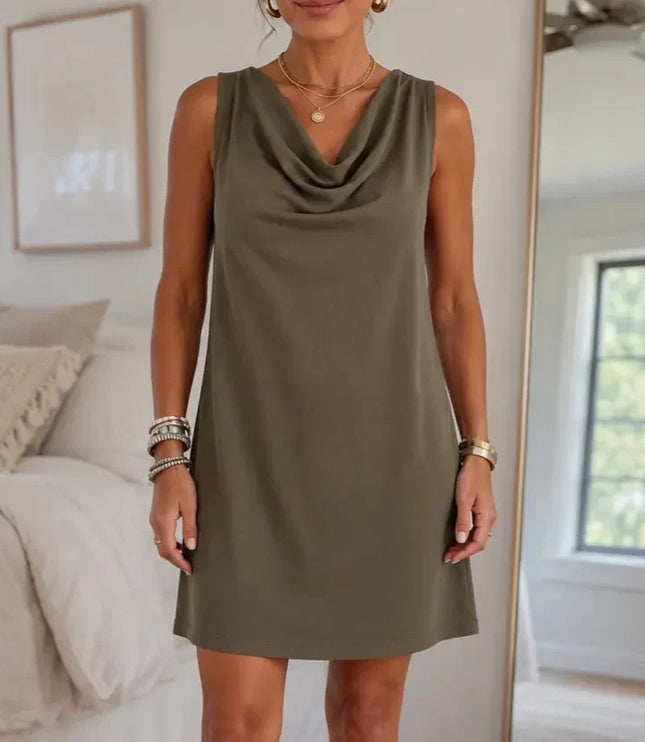 Women's Mini Summer Dress with Cowl Neck and Pockets