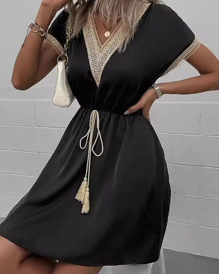 Women's Mini Summer Dress with Lace Trimmed V Neck