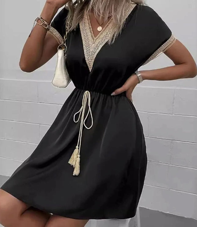 Women's Mini Summer Dress with Lace Trimmed V Neck