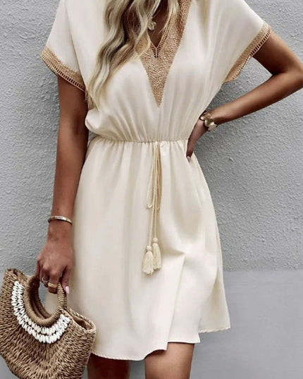 Women's Mini Summer Dress with Lace Trimmed V Neck