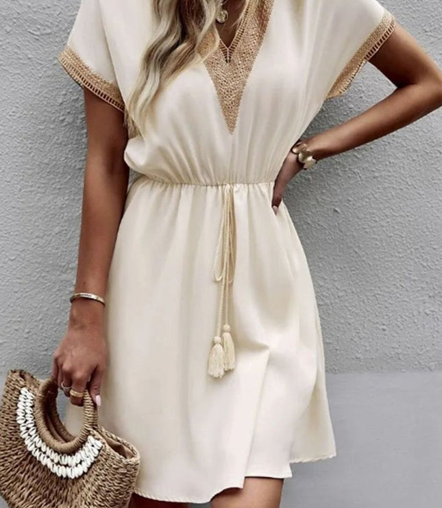 Women's Mini Summer Dress with Lace Trimmed V Neck