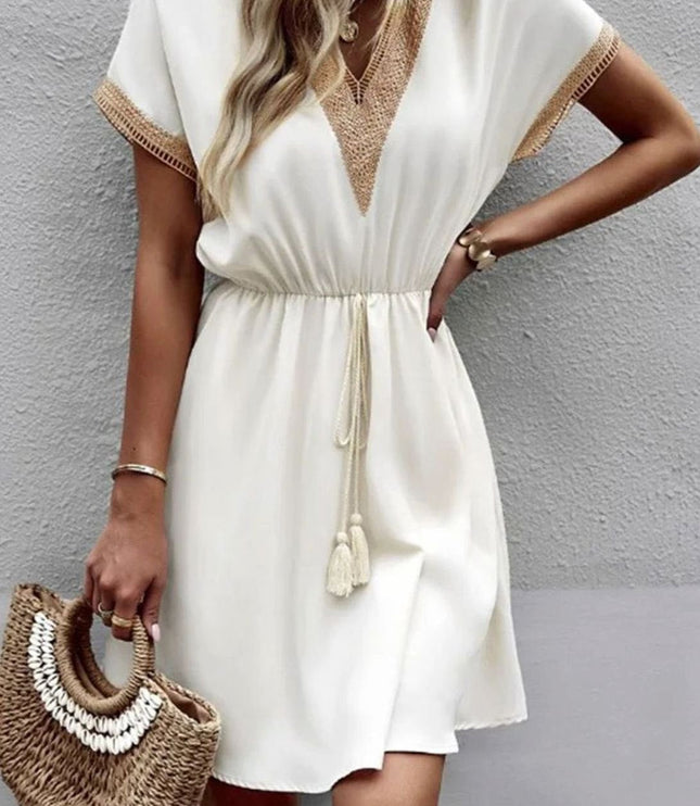 Women's Mini Summer Dress with Lace Trimmed V Neck