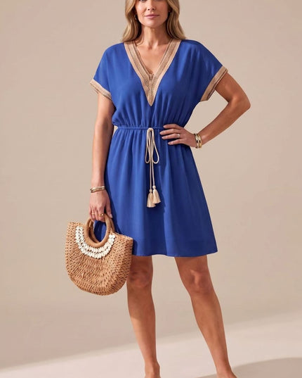 Women's Mini Summer Dress with Lace Trimmed V Neck