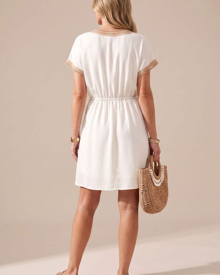 Women's Mini Summer Dress with Lace Trimmed V Neck