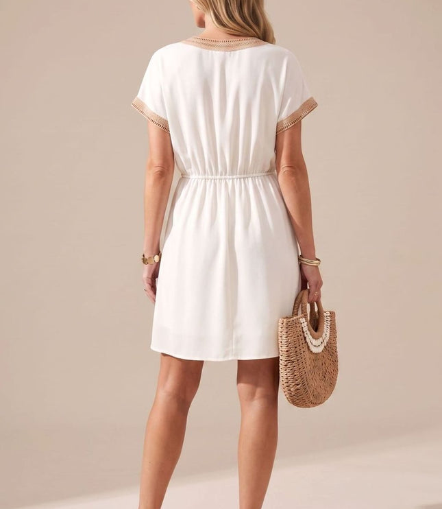 Women's Mini Summer Dress with Lace Trimmed V Neck
