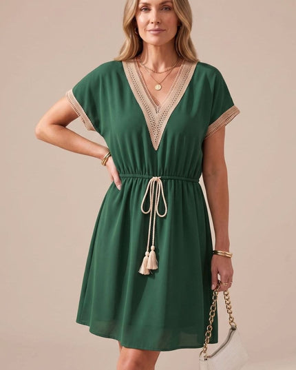 Women's Mini Summer Dress with Lace Trimmed V Neck