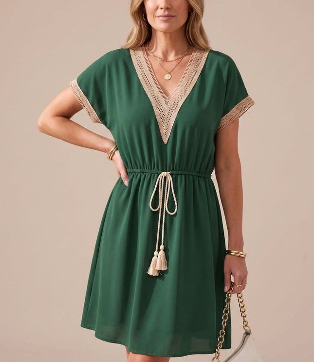 Women's Mini Summer Dress with Lace Trimmed V Neck